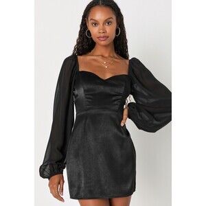 Lulus Ultimate Glamour Black Satin Balloon Sleeve Bodycon Mini Dress - Size M